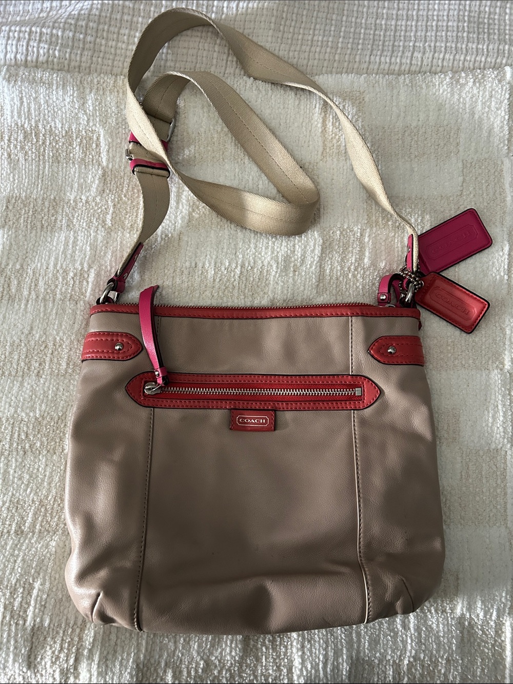 Coach Taupe Crossbody with Pink-Red Trim